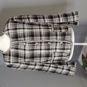 Adrianna Papell Black White Crewneck Plaid Blazer with Metallic Threading Size M